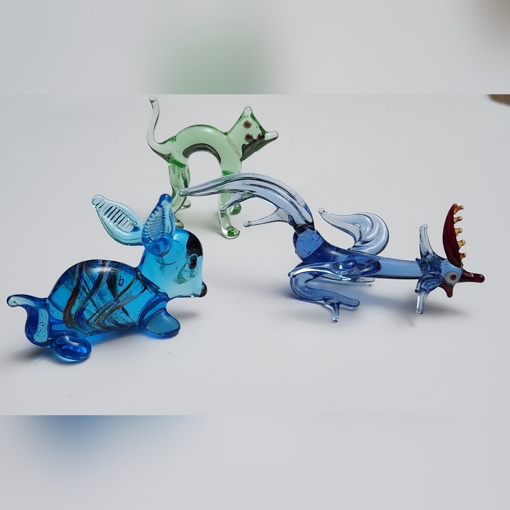 Vintage Hand Blown Glass Figurines Green Murano Style Cat Blue Dragon Blue Bunny